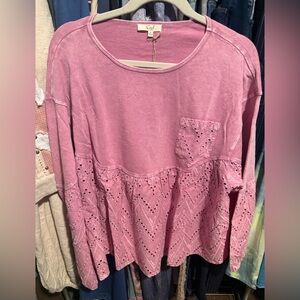 Easel Women's Pink Eyelet Peplum Long Sleeve Top